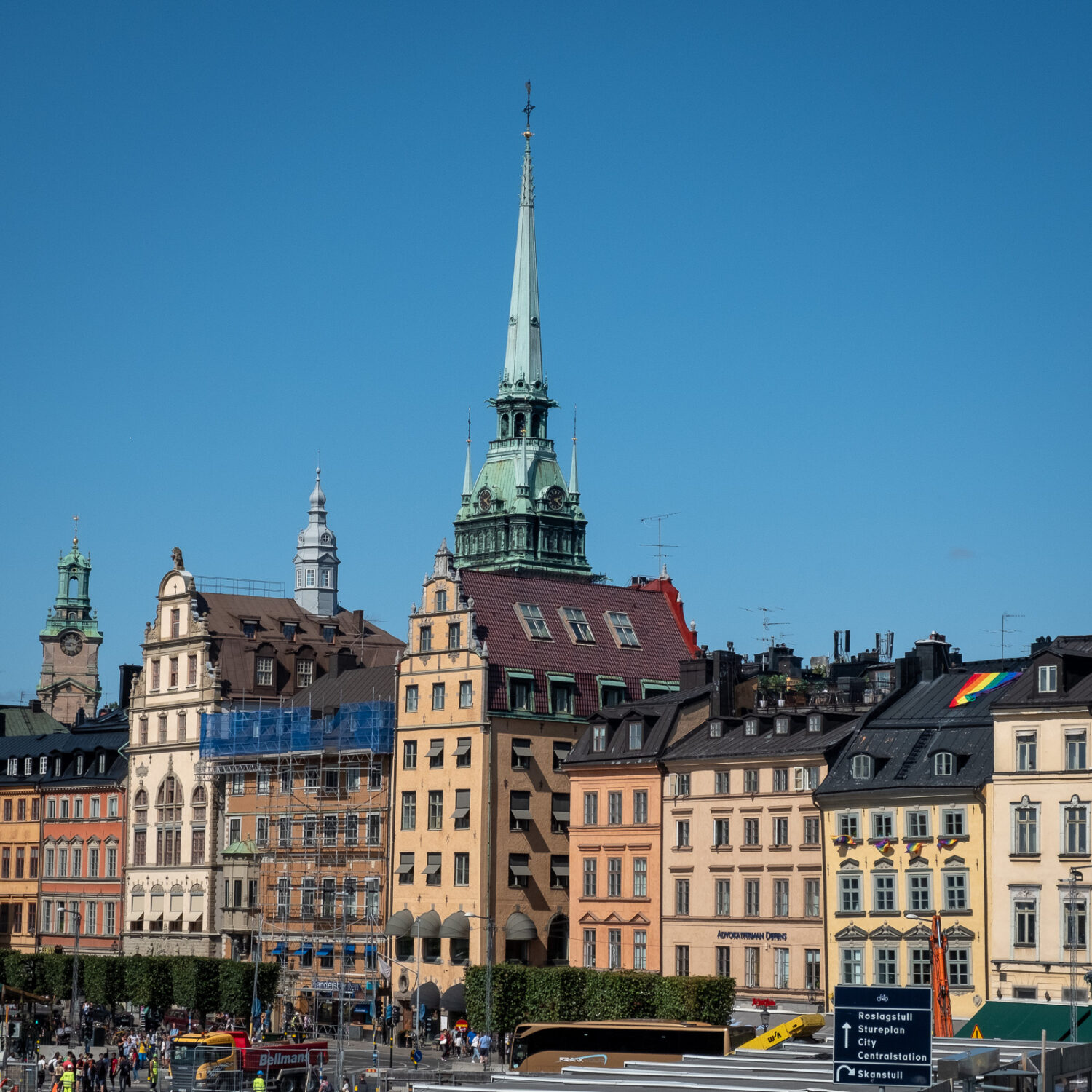 Gamla Stan, Stockholm, Sweden. Typical buildings with rainbow flag