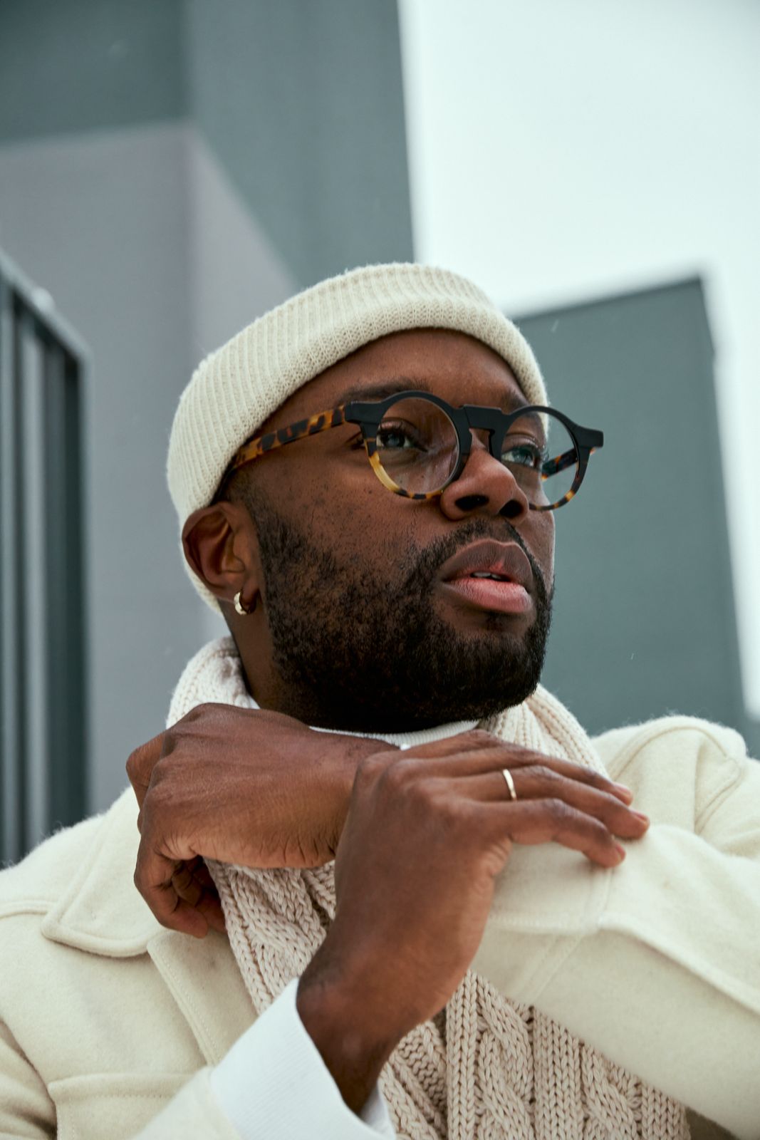 black male model in winter white