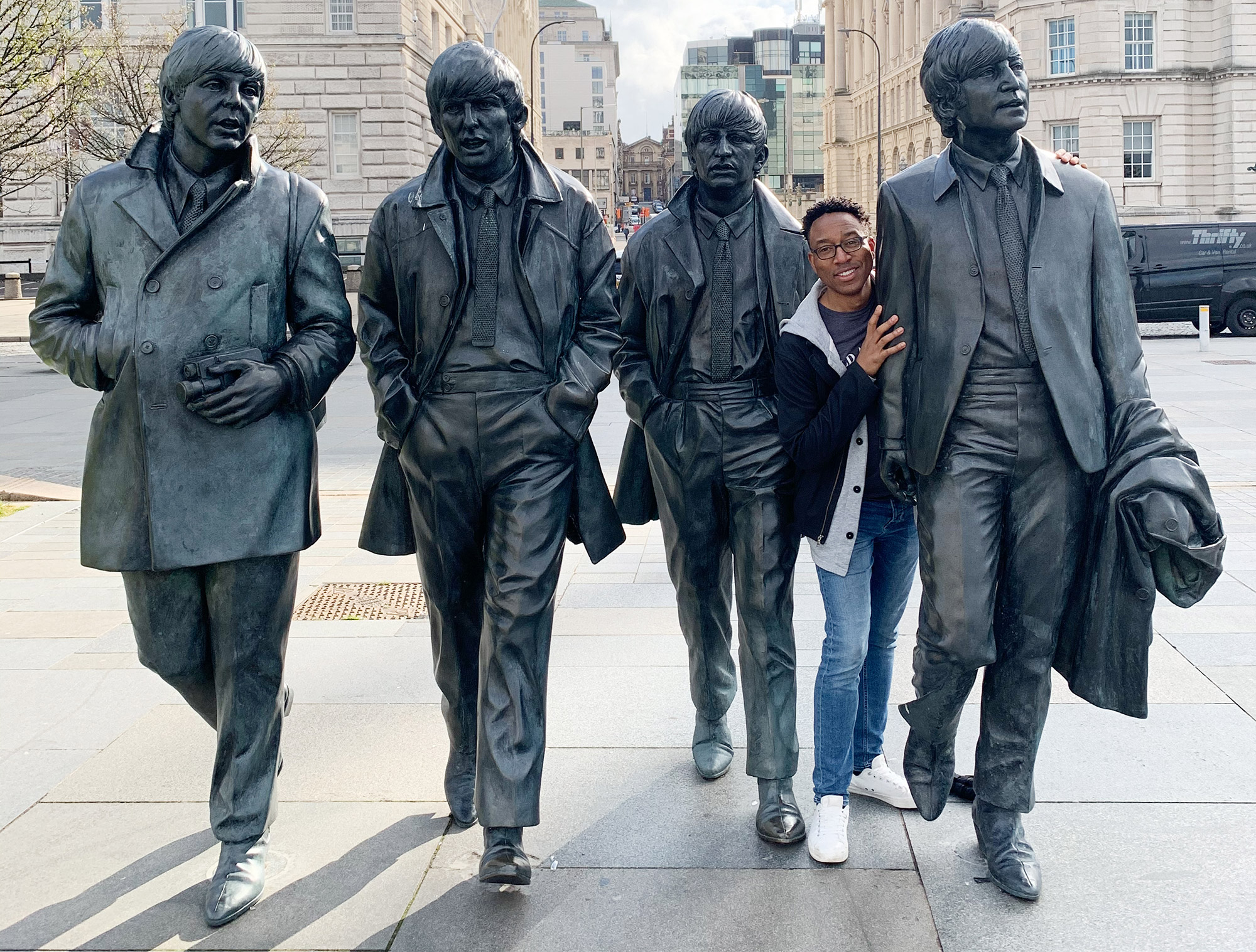 Krull magazine. Erick Taylor Woodby with Beatles statue in Liverpool, England