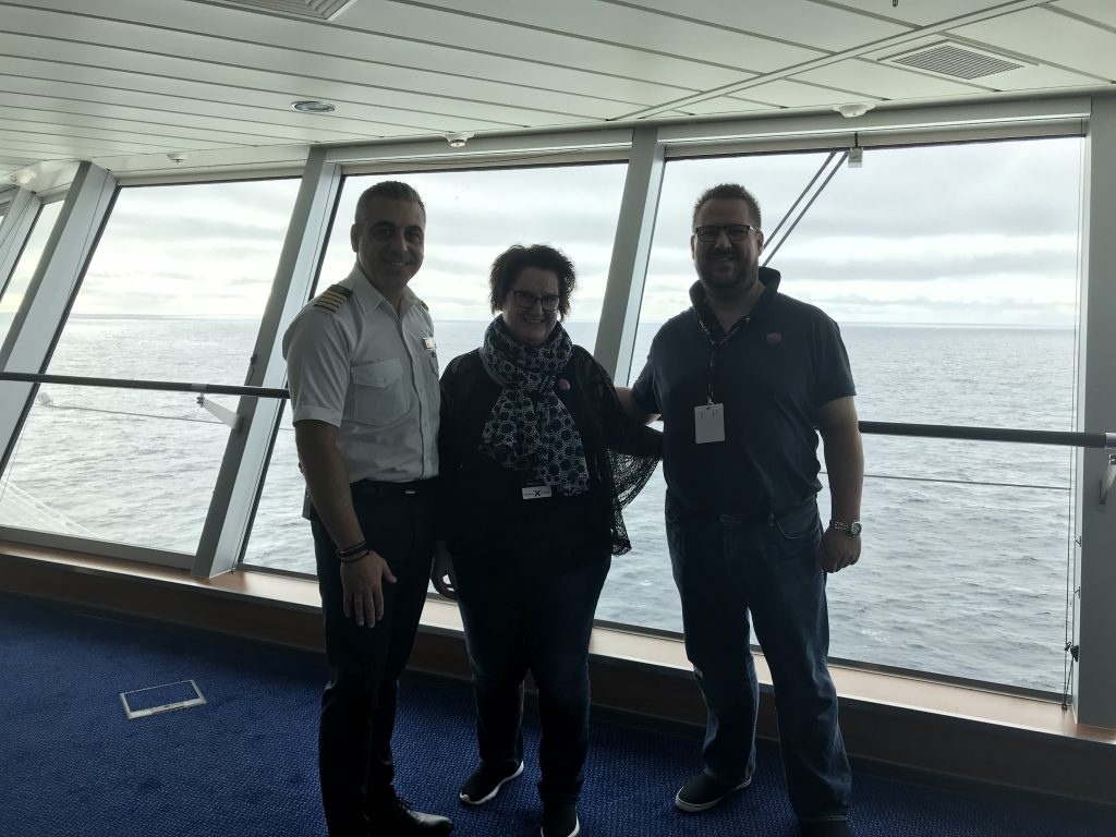 Staff Captain Chris, Anne and Svend on the bridge of Celebrity Eclipse