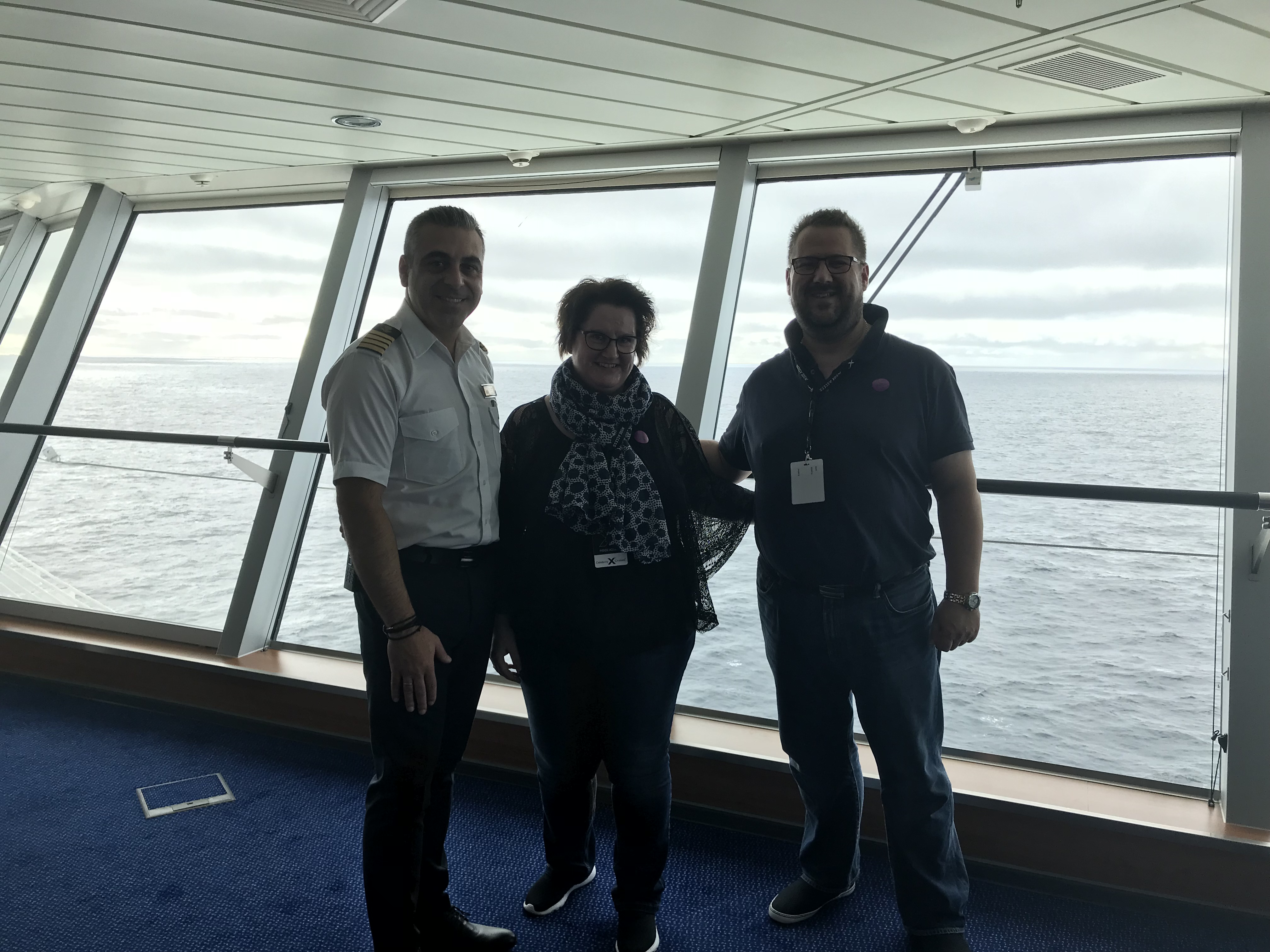 Staff Captain Chris, Anne and Svend on the bridge of Celebrity Eclipse