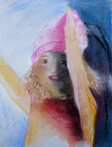 Tusche und Pastell auf Papier von einem jubelnden Kind