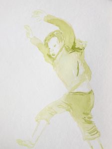 Tusche auf Papier, ein springender Junge in grün