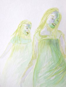 Tusche auf Papier, zwei Mädchen in grünen Farben