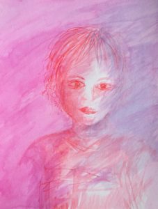 Tusche auf Papier, ein Kind in rosa und lila