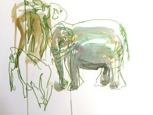 Gouache, Filzstift, Kohle auf Papier, drei Elefanten in verschiedenen Positionen