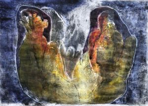 Zwei Gestalten in einer Hülle, Monotypie, Öl, Pastell auf Papier, 29,5x42cm, 2019