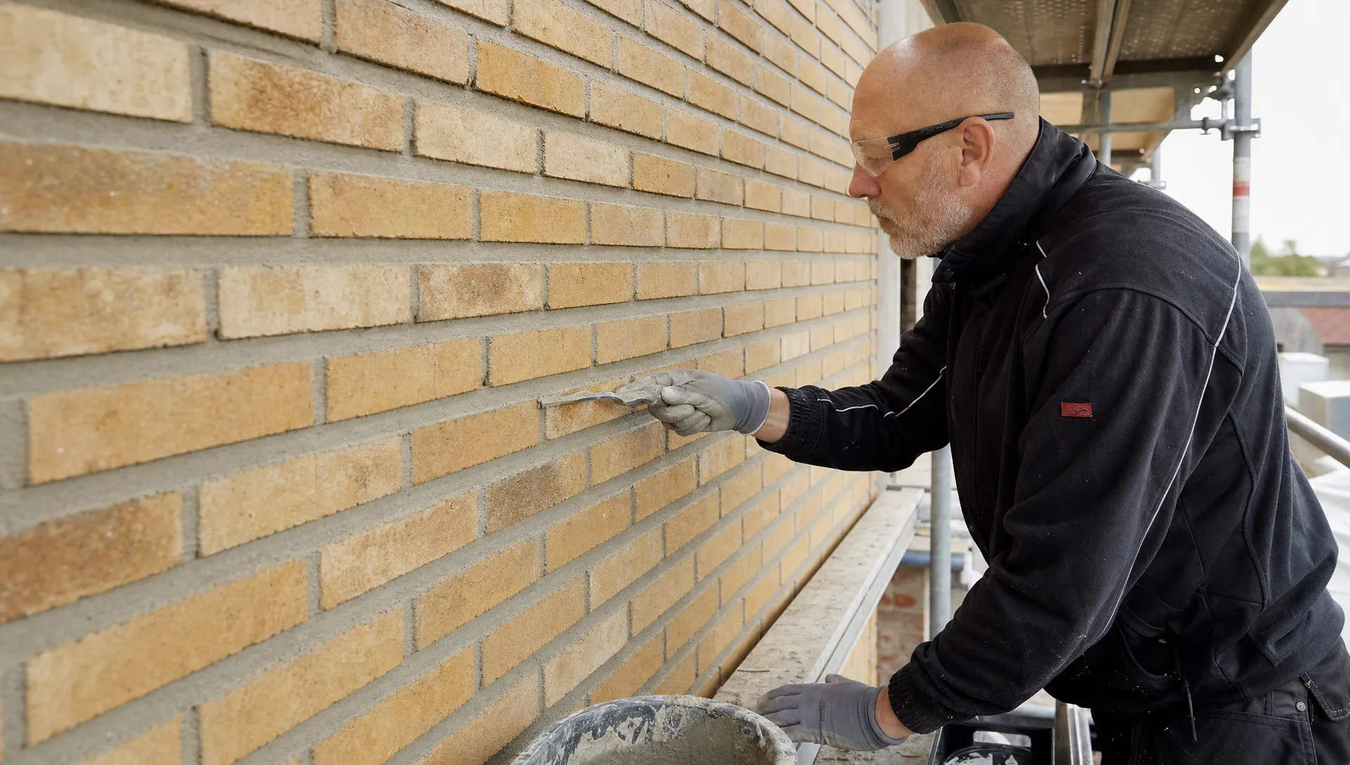 En fagperson udfører fugning af mursten på en facade med stillads, hvor nye ensartede fuger ses i et tæt arbejdsfelt mellem murstenene.