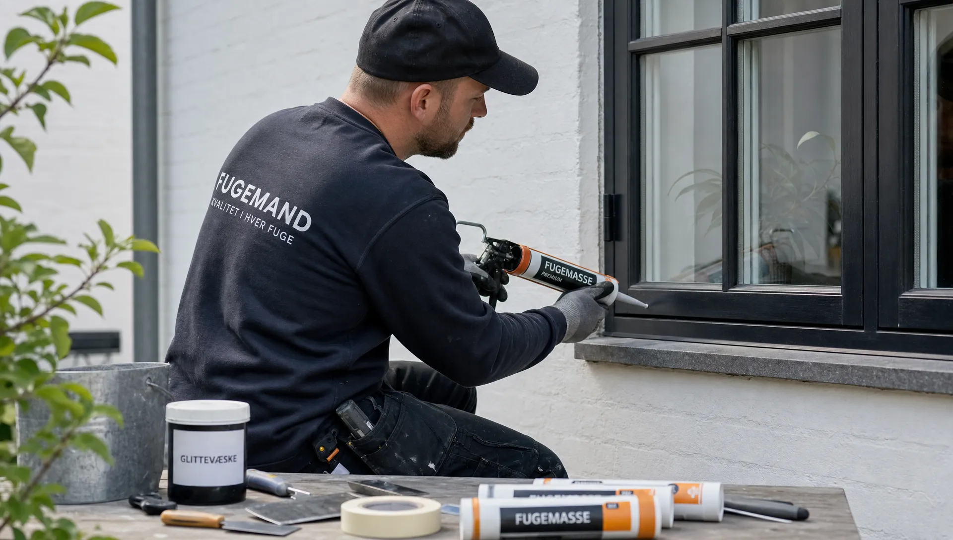 En professionel fugemand udskifter gamle fuger omkring et vindue i et renoveret hus, mens værktøj og fugepatroner ligger klar på en ren arbejdsflade.
