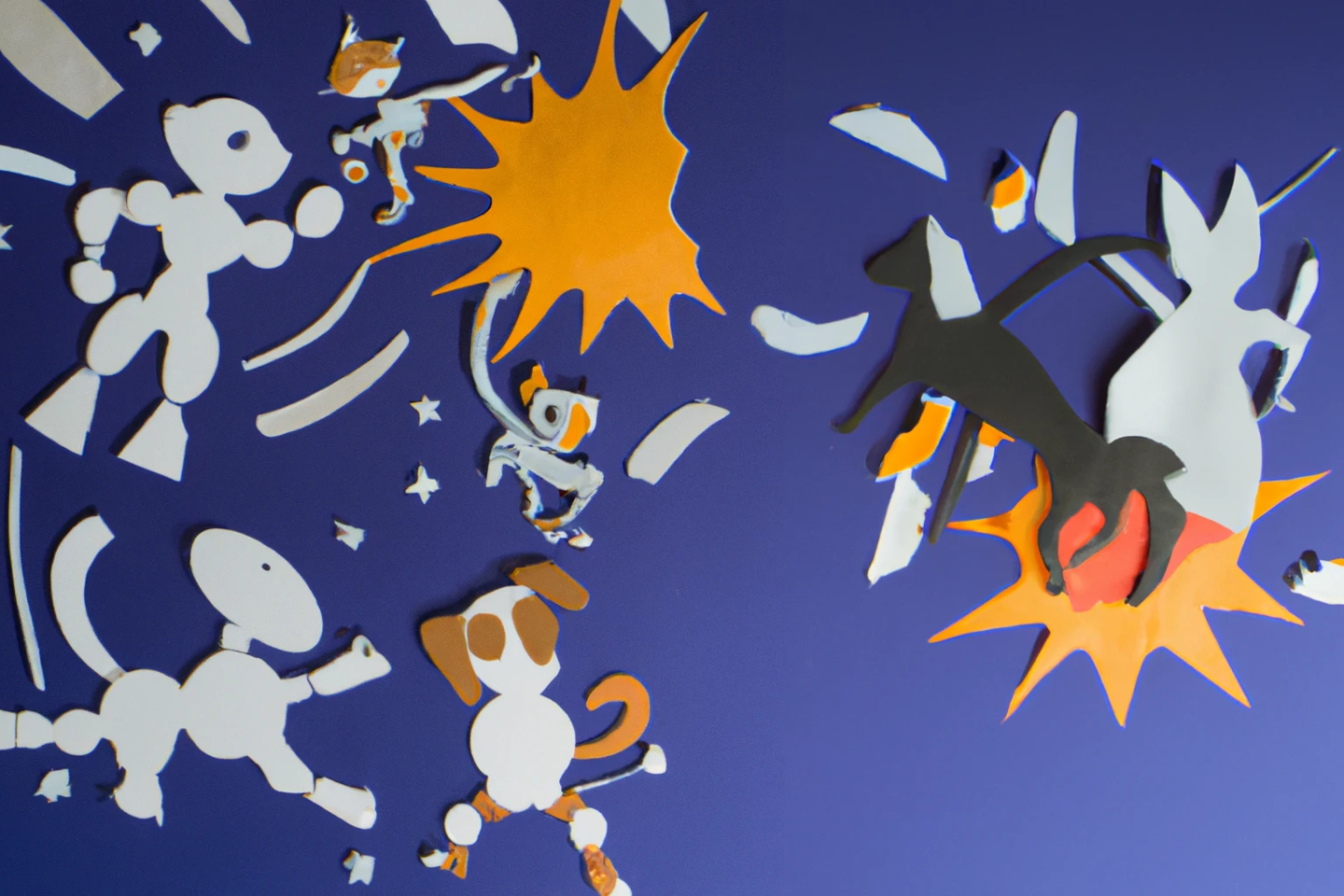 DALL·E 2023 03 25 06.54.38 robotic cats and dogs dancing on earth with a huge comet smashing down. As matisse paper cutouts