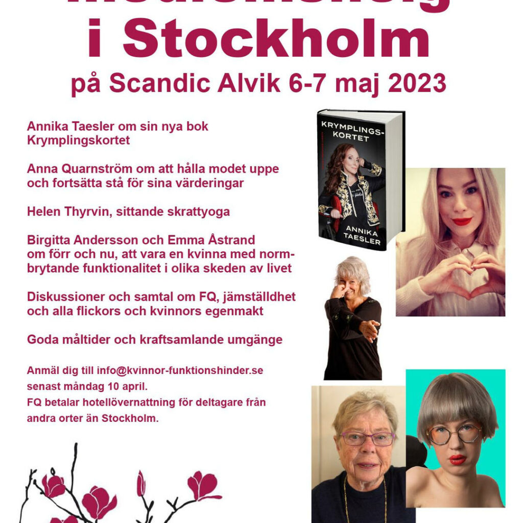  Syntolkning bild: Flyer med samma text som i inlägget samt bilder på de medverkande. Längst ner FQ:s logga och magnoliakvist.