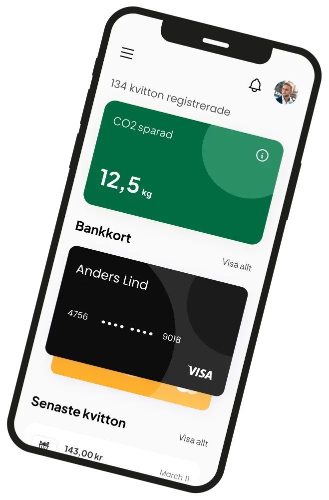 Telefonvy av Kvitt-appen som visar företagskort kopplade till kontot