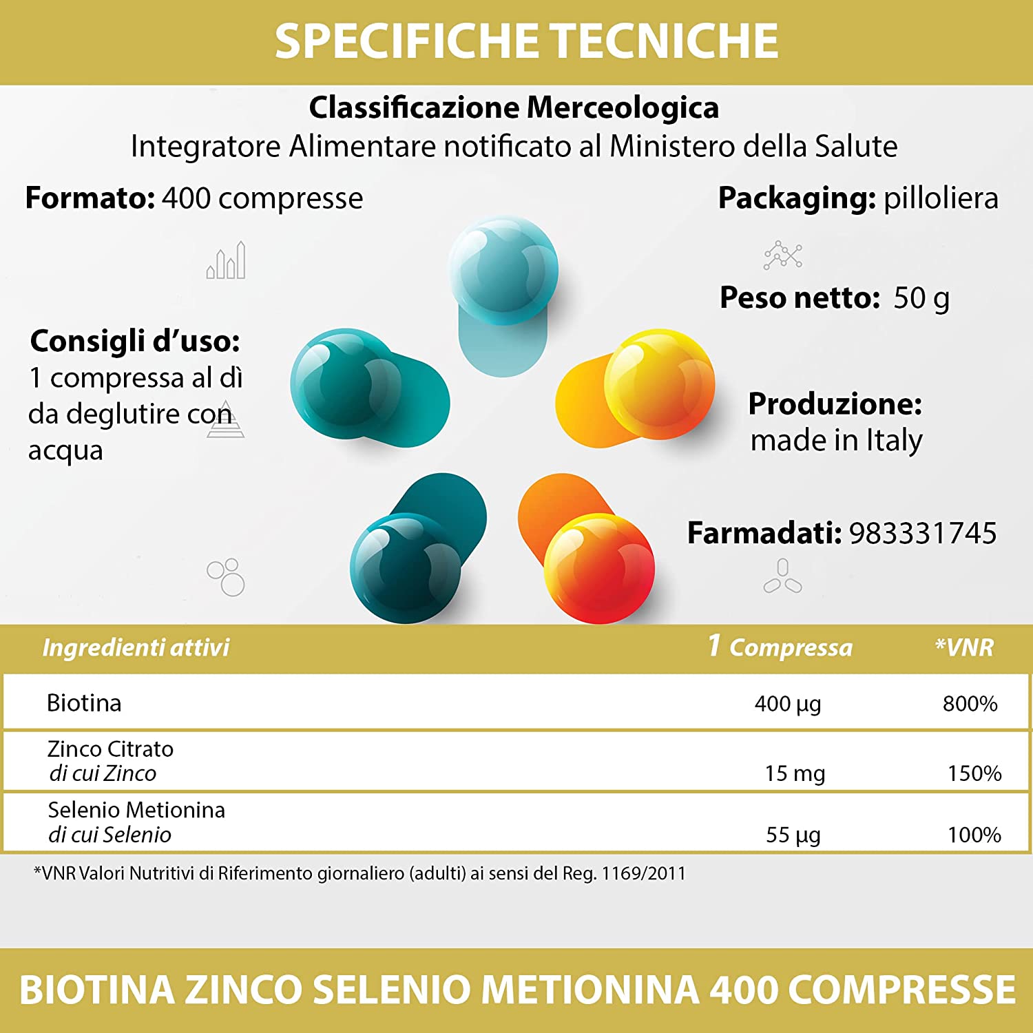 Biotina Zinco Selenio Metionina - 400 compresse - Integratori Alimentari