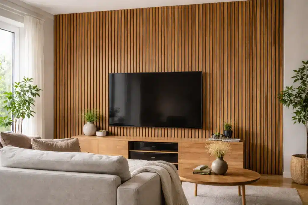 Contemporary living room with oak accents