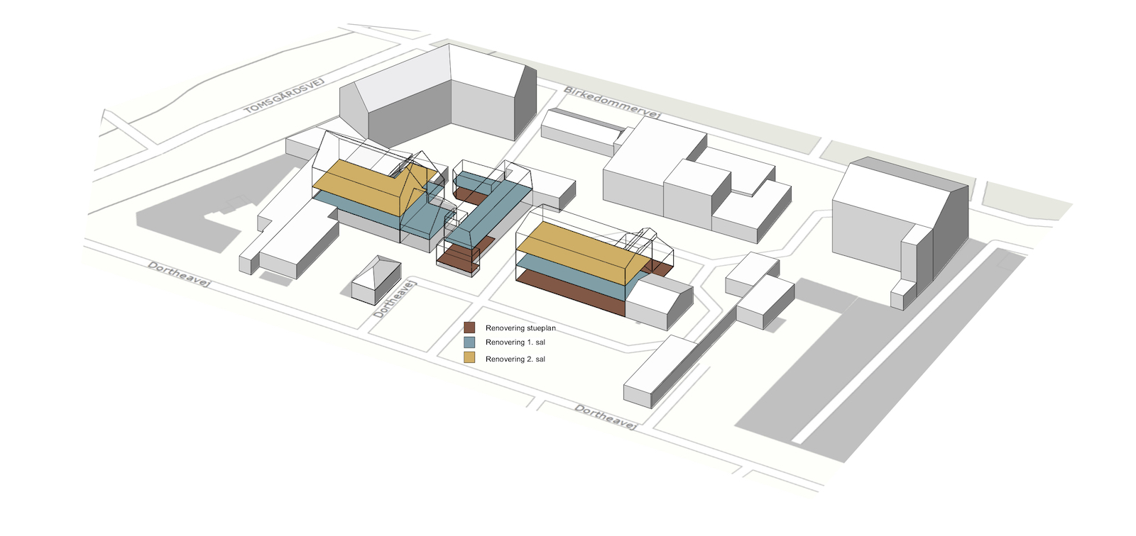 Ombygning af industribygninger til kontorer: Dortheavej 10 og 12 (3D situationsplan)