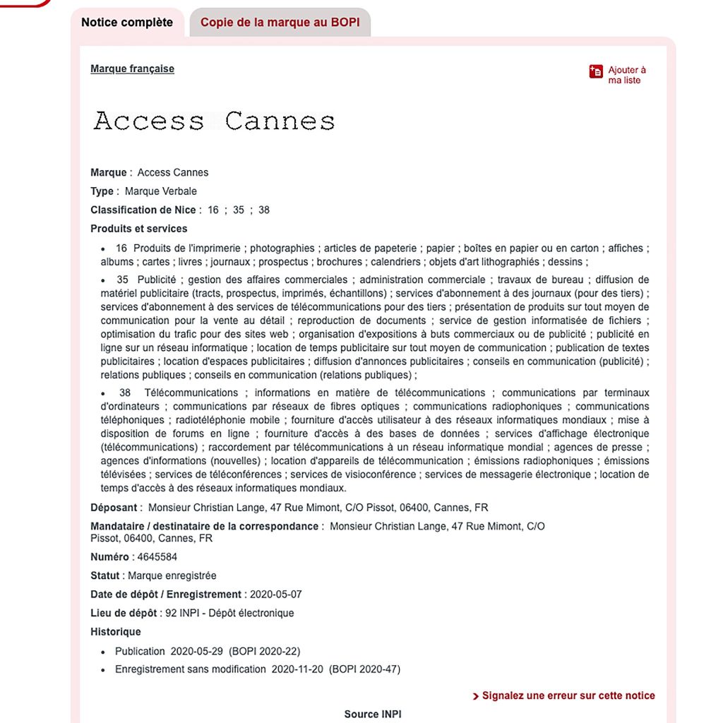 Access Cannes - Dépôt de la marque