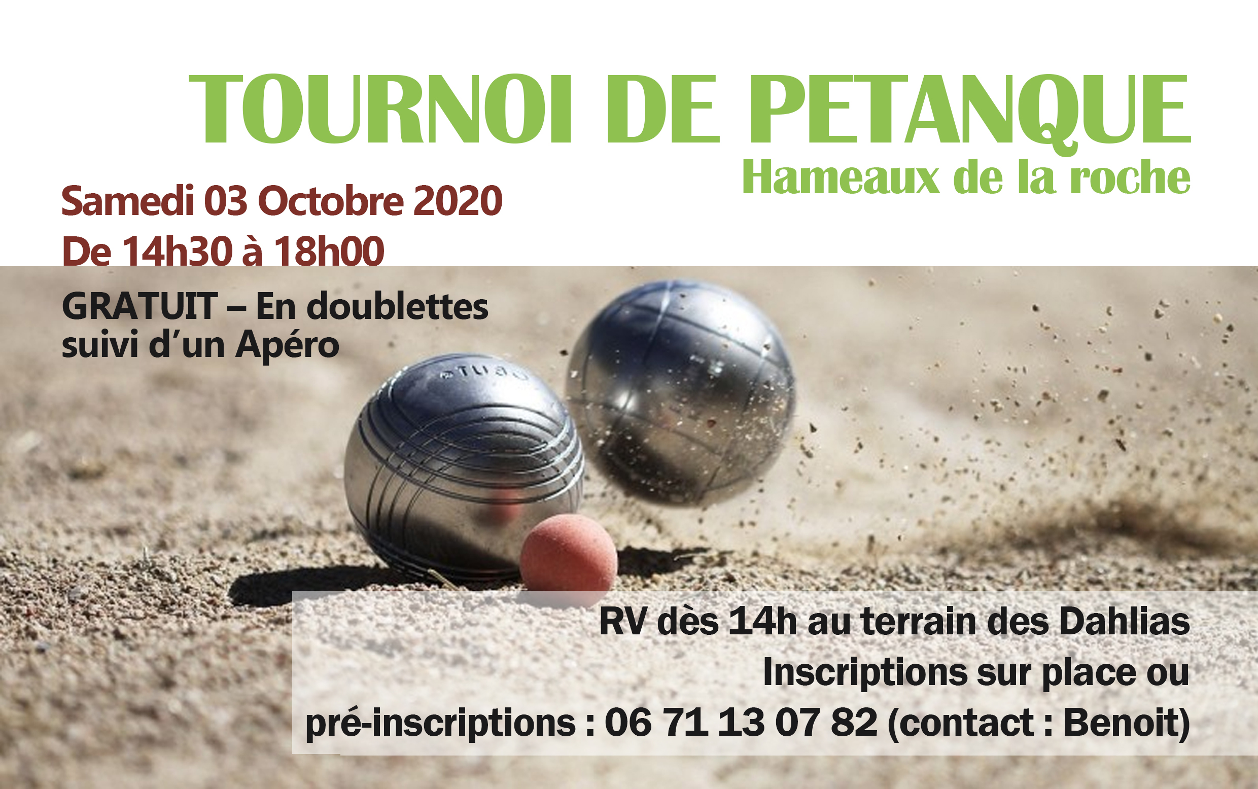 TOURNOI DE PÉTANQUE samedi 3 octobre 2020 aux Hameaux de la Roche