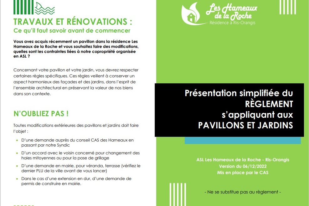 La brochure « Règlement simplifié appliqué aux pavillons et jardins » ASL Hameaux de la Roche
