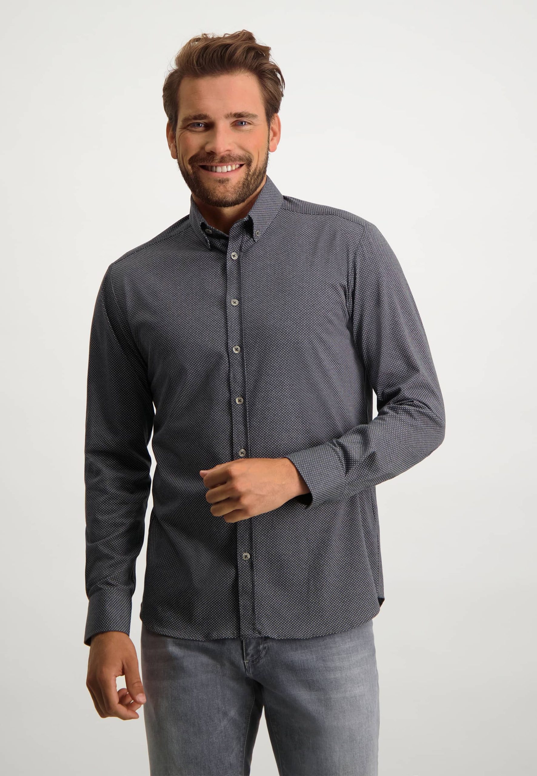 Skjorte LS Stretch Navy Print State of Art Levins