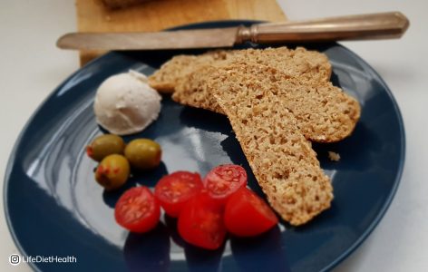 sliced bread on a navy plate