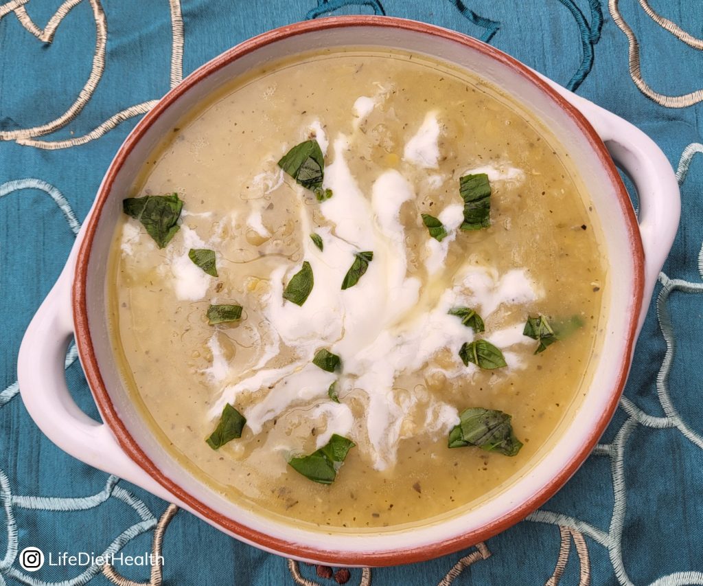 lentil soup topped with yogurt
