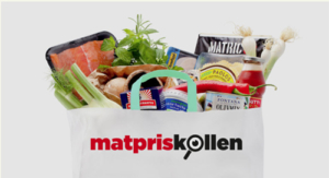 Matpriskollens logotyp på en matkasse full med mat