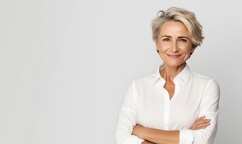 Female in white shirt crossing her arms