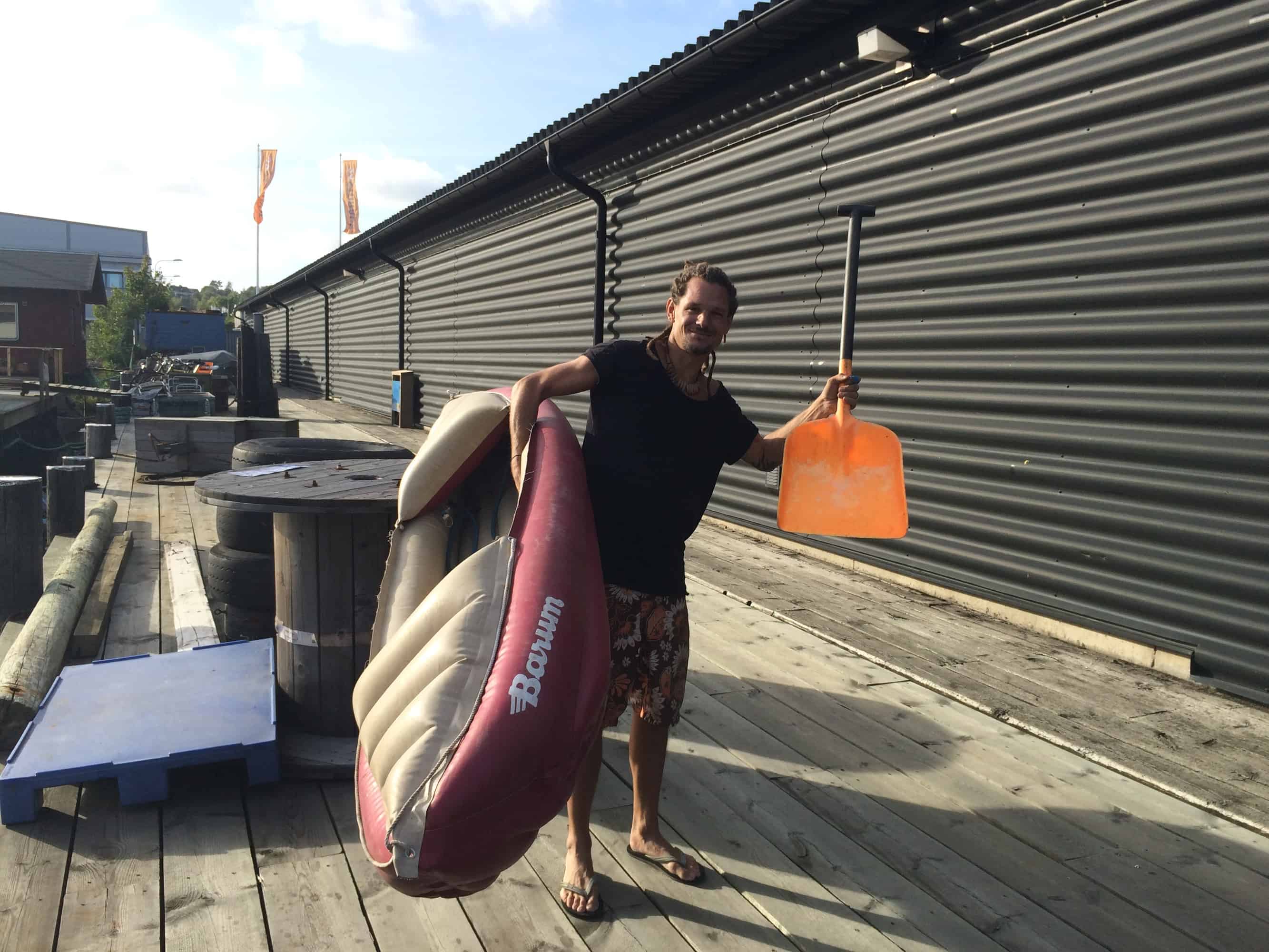 Mike with the inflatable canoe and snow shovel