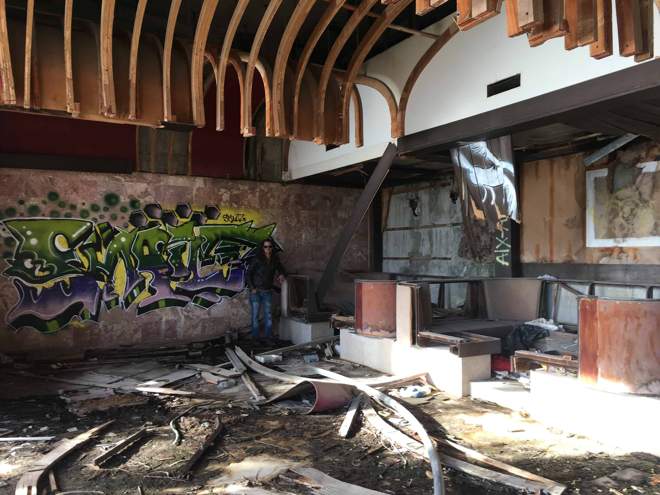 Mike at one of the abandoned hotels