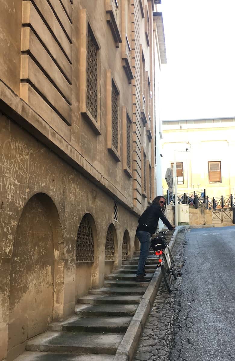 Mike on his way up on the old stone steps