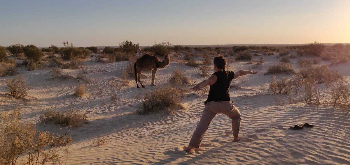 Yoga in the Sahara with the dromedaries nearby