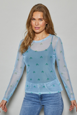 Fro mesh bluse  Lyseblå med grønt A-print