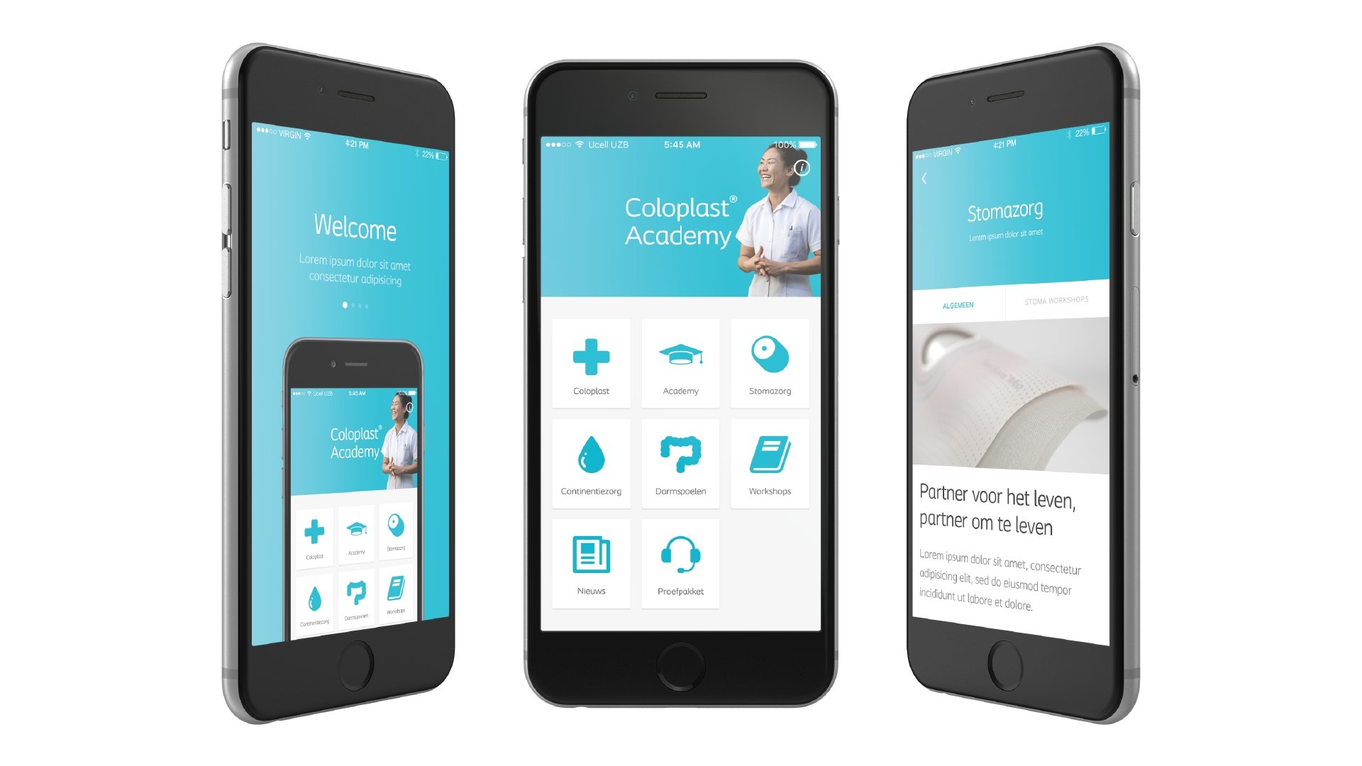 Coloplast Academy app interface mockup on phone by LOOP Associates