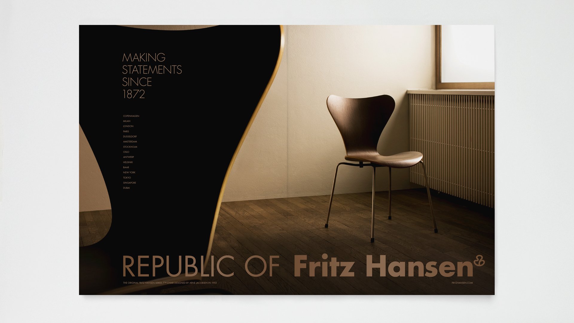 Image of the 7 chair with Fritz Hansen logo. Made by LOOP Associates