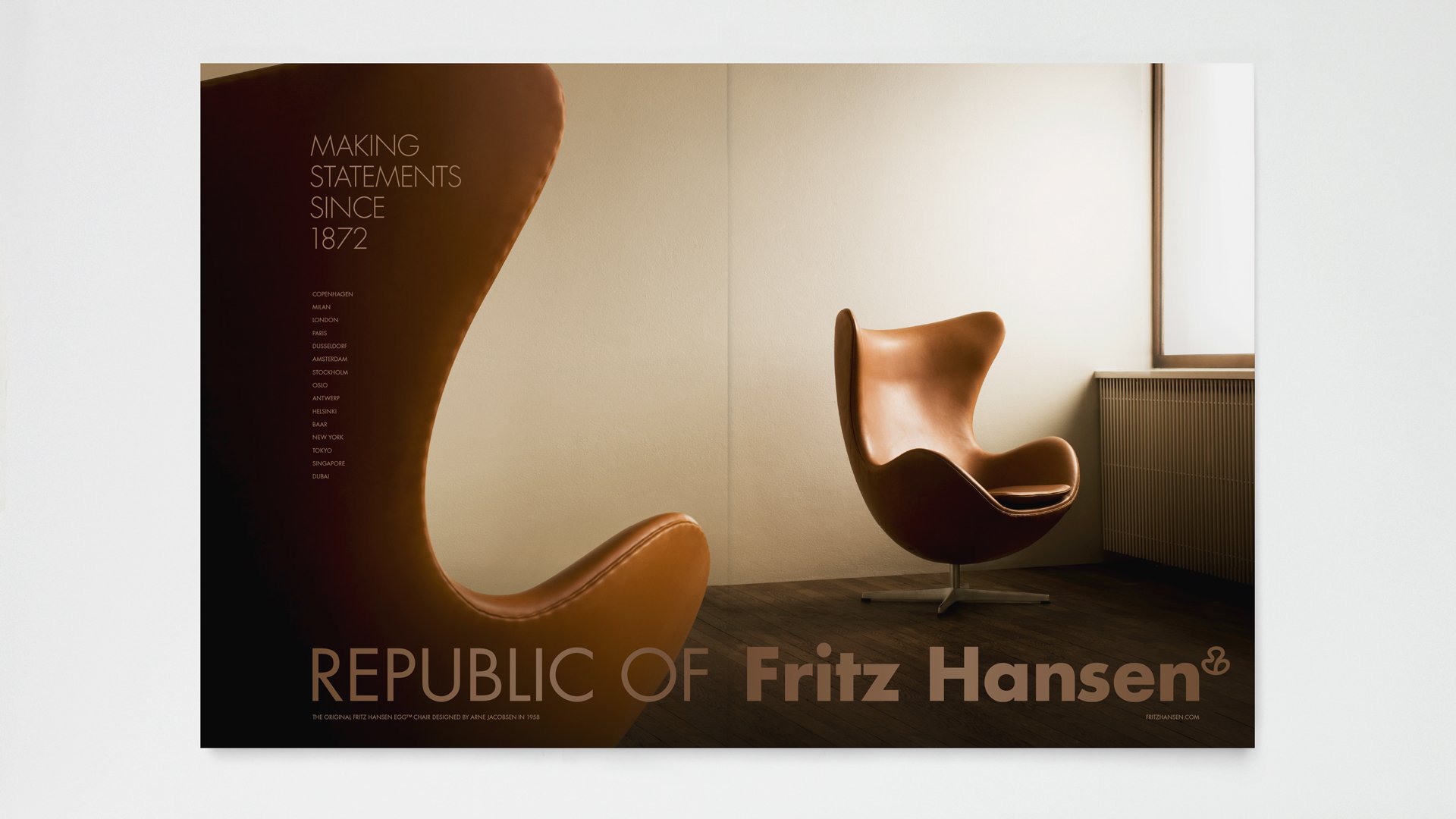 Image of the egg chair with Fritz Hansen logo. Made by LOOP Associates