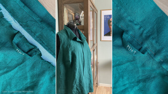 Three photos. The one in the middle shows a half-finished green shirt on a dressform in front of a glass-fronted cabinet. The two surrounding it show the inside of the shirt collar and its hanging tag, first unfinished, then pinned into place.