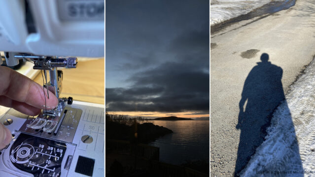 Three photos: 1. A close-up of a broken needle in a sewing machine. 2. A very moody landscape as it approaches sunrise, the sky both dark and cloudy, and golden and glowing. 3. The shadow of a person in a long coat, the shadow falling over dry asphalt and remnants of snow.