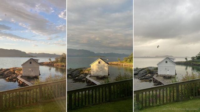 Three photos of the same seaside landscape, showing a white boathouse, the ocean, and faraway mountains, in different kinds of soft, warm light.