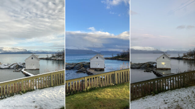 Three photos of a seaside landscape and a white boathouse, in the first sprinkle of winter.