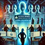 AI-kontrol og datasikkerhed – futuristisk billede med kunstig intelligens og en advarsel om begrænset adgang til eksterne data.