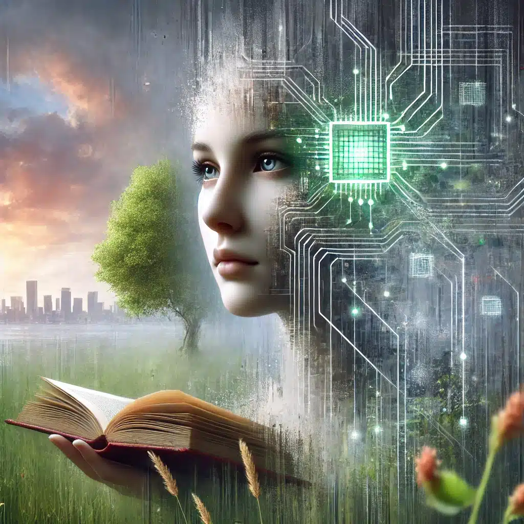 Menneske og maskine i samklang – en visuel refleksion over AI, ærlighed og selvindsigt - LOTTE BLIDDAL advokat (H) Digitalt kunstværk der illustrerer en kvindes rejse mellem menneskelighed og kunstig intelligens, med symboler på balance, refleksion og ægte formidling