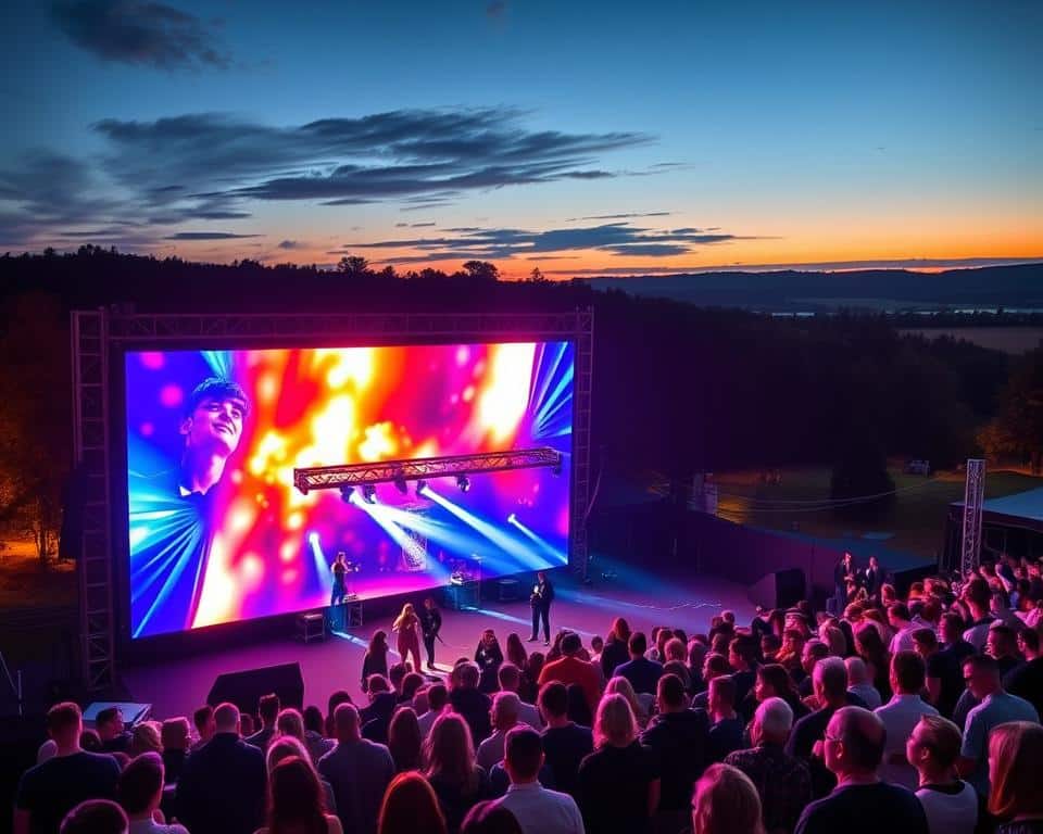 A captivating outdoor event in the Limburg region, showcasing a vibrant mobile LED screen rental from "Led scherm huren limburg". The screen stands tall, its vivid display casting a warm glow across the scene. In the foreground, attendees gather, their faces illuminated by the screen's mesmerizing visuals. The middle ground features a dynamic, well-organized event space, with thoughtful lighting and staging elements. In the background, a picturesque Limburg landscape provides a scenic backdrop, creating a cohesive and visually striking composition. The overall mood is one of energy, excitement, and a sense of community, perfectly capturing the essence of this must-see Limburg event.