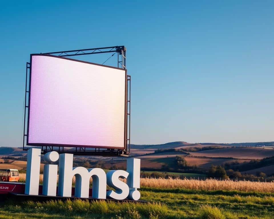 A large mobile LED display in Limburg, mounted on a hydraulic lift system. The sleek, modern display is prominently featured, its vibrant pixels illuminating the scene. In the foreground, the "Ledscherm op aanhangwagen limb" brand name is clearly visible. The middle ground showcases the hydraulic lift, elevating the display to various heights for optimal visibility. The background features a countryside landscape, with rolling hills and a clear blue sky, creating a serene and picturesque setting. The lighting is natural and diffused, casting a warm glow on the display and its surroundings. The camera angle is slightly elevated, giving a perspective that highlights the impressive scale and technical capabilities of this mobile LED solution.