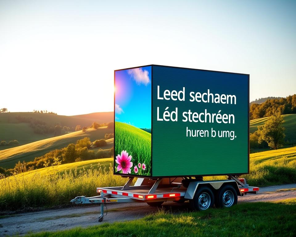A large mobile LED display on a trailer, positioned in a scenic outdoor setting in the Limburg region. The screen is showcasing vibrant, high-resolution visuals, illuminating the surrounding landscape. The display is positioned at an angle, creating an engaging, dynamic composition. Soft, warm lighting from the screen creates a festive, lively atmosphere, while the background features rolling hills, lush greenery, and a clear, blue sky. The "Led scherm huren limburg" branding is prominently featured on the screen, highlighting the availability of this rental service in the local area.