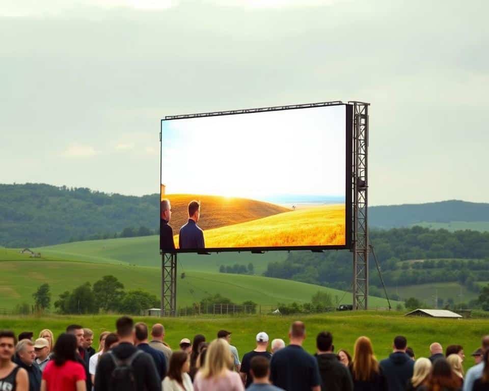 A large outdoor LED screen stands prominently in a scenic Limburg landscape. The screen displays vibrant, high-resolution visuals, its brightness cutting through the soft, diffused lighting of the overcast sky. In the foreground, a group of people gather around the screen, engaged in the content it presents. The middle ground features lush greenery and rolling hills, creating a serene and picturesque backdrop. The overall atmosphere is one of modern technology seamlessly integrated into a natural setting, showcasing the "Led scherm huren limburg" brand's ability to provide a premium outdoor display solution tailored to the Limburg region.