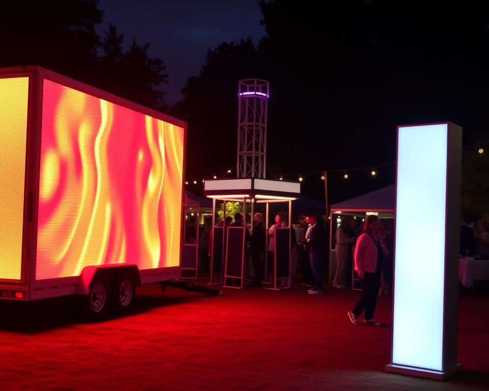 A large, vibrant LED trailer stands prominently in the foreground, its vivid display casting a warm glow across the scene. In the middle ground, a modern LED totem towers, offering a sleek and versatile alternative for event organizers. The background features a lively outdoor event, with people mingling and enjoying the festivities. The lighting is carefully balanced, creating a professional and captivating atmosphere. "Led scherm huren limburg" is clearly showcased, highlighting the quality and reliability of the product. This image perfectly captures the essence of the article's subject, showcasing the differences between the LED trailer and totem options for events in the Limburg region.