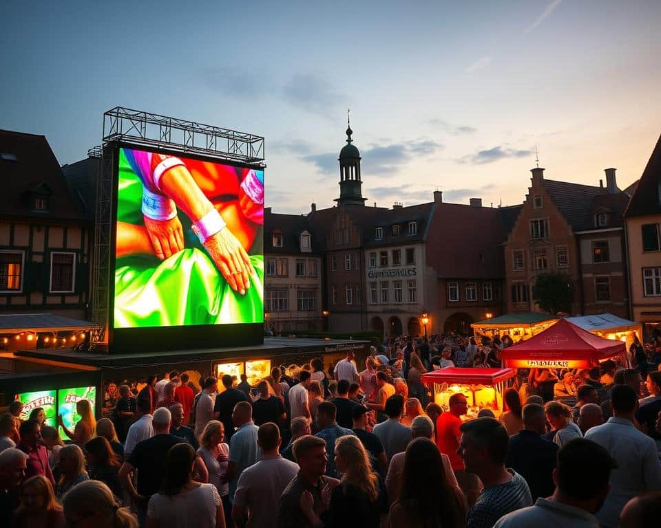 A large, vibrant outdoor LED screen stands prominently in a lively town square in Limburg, the Netherlands. The screen displays vivid, high-definition imagery, casting a warm glow across the bustling crowd gathered for a festive evening event. In the foreground, people dance and socialize, their faces illuminated by the screen's captivating visuals. The middle ground features vendors and food stalls, creating an atmosphere of celebration and community. In the background, the historic buildings of Limburg provide a picturesque setting, complementing the modern technology of the "Led scherm huren limburg" display. Warm lighting and a sense of energy permeate the scene, inviting the viewer to imagine the excitement and atmosphere of this mobile LED screen rental event.