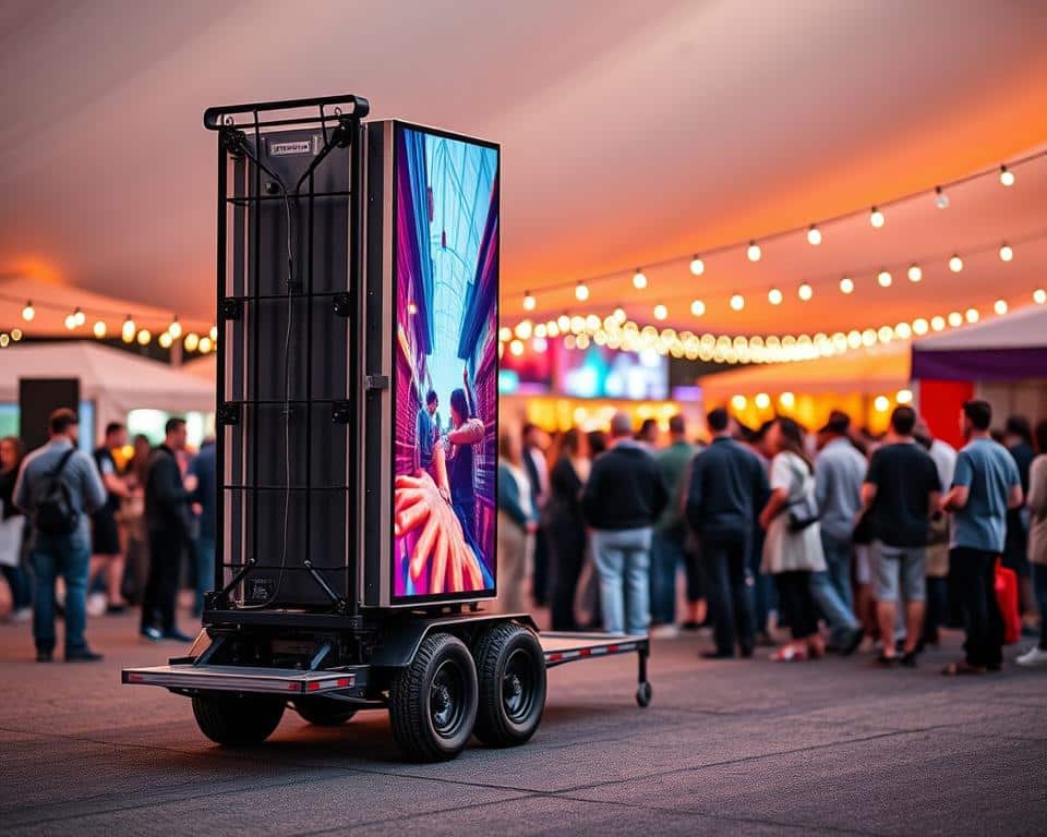 A sturdy mobile LED screen event content management system, the "Ledscherm op aanhangwagen limb" stands tall in the foreground. Its sleek, modern design features a large, high-resolution display that commands attention. In the middle ground, attendees gather, captivated by the vivid visuals and interactive content, while the background showcases a vibrant outdoor setting, perhaps a lively festival or exhibition. Warm, diffused lighting illuminates the scene, creating an inviting and professional atmosphere. The entire setup is designed for seamless, reliable operation, making it the perfect solution for outdoor events and exhibitions.