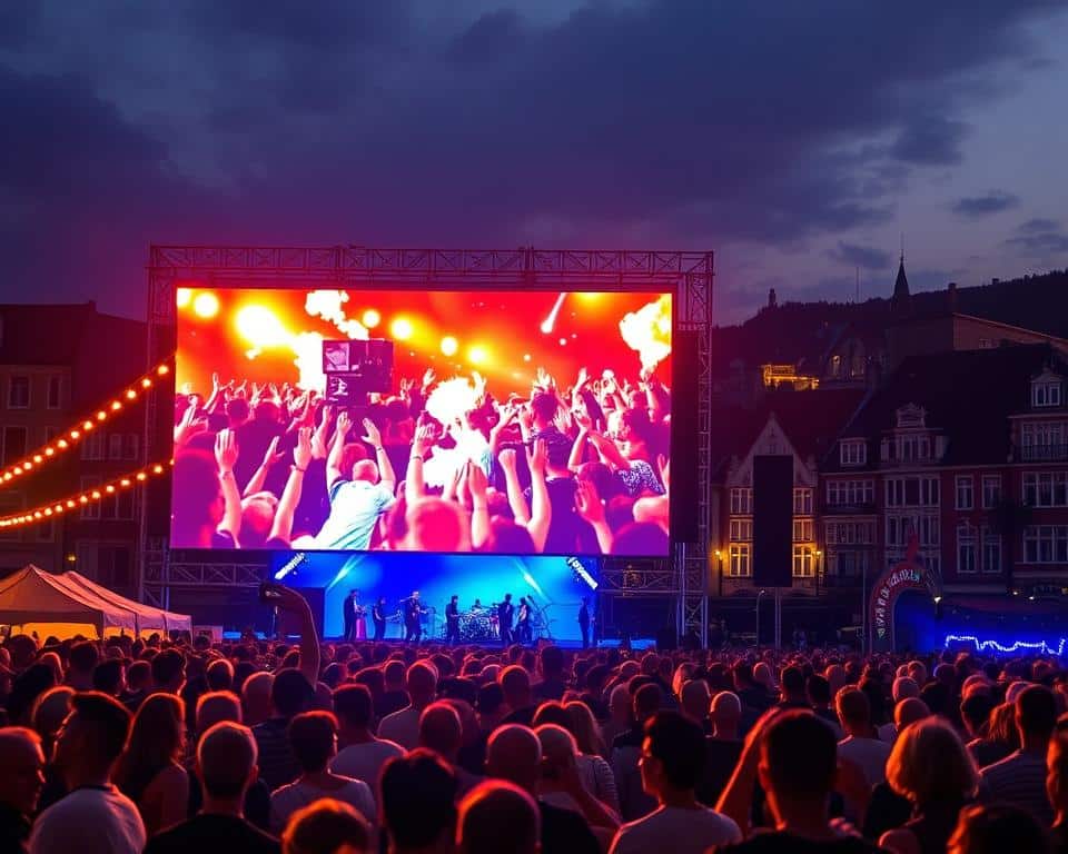 A vibrant and impactful outdoor LED screen in Tongeren, Limburg, capturing the attention of a large, lively audience at a local festival. The screen, part of the "Led scherm huren limburg" brand, is the centerpiece, its crisp, colorful display showcasing dynamic visuals and multimedia content. The scene is bathed in warm, golden lighting, creating a festive, energetic atmosphere. In the foreground, the crowd is engaged, their reactions and expressions reflecting the screen's captivating impact. The middle ground features the festival's lively activities, while the background showcases the picturesque urban landscape of Tongeren, setting the scene for this immersive, memorable experience.