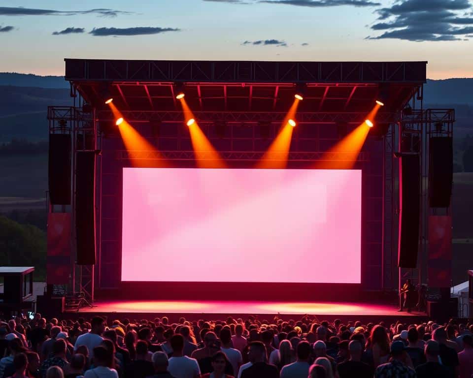 An outdoor stage with a large, high-resolution LED screen rental in the Limburg region, casting a warm, vibrant glow over the event. The screen stands prominently in the foreground, its sleek, modular design blending seamlessly with the backdrop of a bustling festival or concert. Spotlights illuminate the stage, casting dramatic shadows and highlighting the vivid colors of the displayed content. In the middle ground, a crowd of attendees gathers, their faces lit by the mesmerizing display. The background features a picturesque Limburg landscape, with rolling hills and lush greenery creating a serene and captivating environment. "Led scherm huren limburg" is prominently featured, showcasing the brand's expertise in providing top-quality outdoor display solutions.